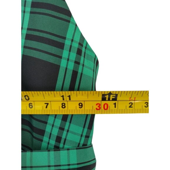 Chaps green and black plaid polyester sleeveless dress with waist tie, size 8. - Picture 9 of 9